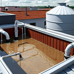 **

A rooftop rainwater harvesting system in an urban setting. Show a house with pipes collecting rainwater from the roof, leading to a large storage tank. Emphasize the clean and efficient nature of the system. The style should be realistic and informative.

**