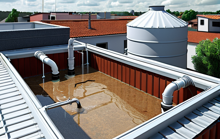 **
A rooftop rainwater harvesting system in an urban setting. Show a house with pipes collecting rainwater from the roof, leading to a large storage tank. Emphasize the clean and efficient nature of the system. The style should be realistic and informative.
**