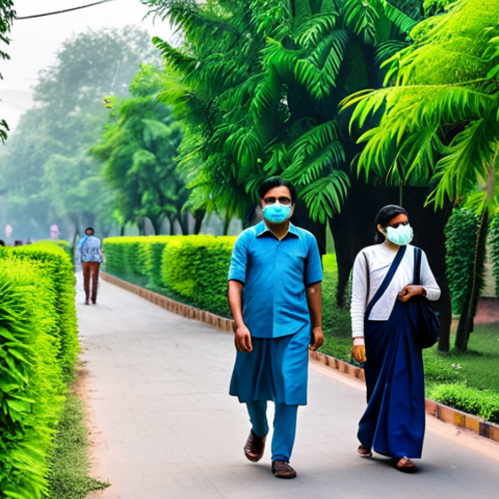 **

"A family-friendly scene in Delhi, showing people wearing masks, walking past lush green trees and plants, fully clothed, appropriate attire, air purifiers visible in some homes in the background, safe for work, perfect anatomy, natural proportions, bright and optimistic, professional photography, high quality, modest."

**