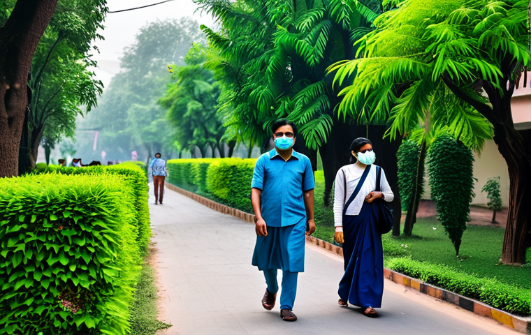 **
"A family-friendly scene in Delhi, showing people wearing masks, walking past lush green trees and plants, fully clothed, appropriate attire, air purifiers visible in some homes in the background, safe for work, perfect anatomy, natural proportions, bright and optimistic, professional photography, high quality, modest."
**