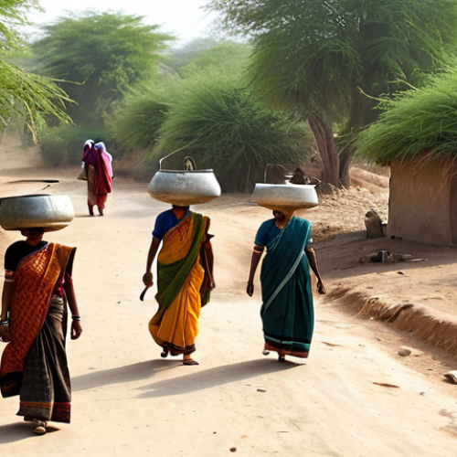 Home 9 **
"A rural Indian village scene, showing women in traditional saris carrying water pots, walking along a dusty path towards their homes. The landscape is dry with sparse vegetation. In the background, a traditional village well can be seen. Fully clothed, modest attire, appropriate content, safe for work, professional photography, natural proportions, family-friendly."
**