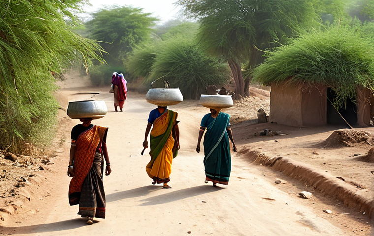 **
"A rural Indian village scene, showing women in traditional saris carrying water pots, walking along a dusty path towards their homes. The landscape is dry with sparse vegetation. In the background, a traditional village well can be seen. Fully clothed, modest attire, appropriate content, safe for work, professional photography, natural proportions, family-friendly."
**