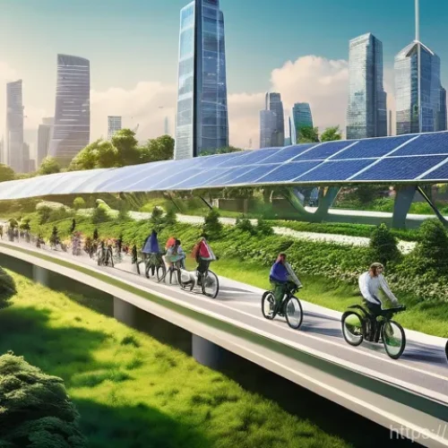 환경 경제학과 정책 - **Prompt:** A vibrant, futuristic city skyline seamlessly integrated with lush green spaces, vertica...