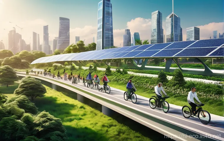 환경 경제학과 정책 - **Prompt:** A vibrant, futuristic city skyline seamlessly integrated with lush green spaces, vertica...