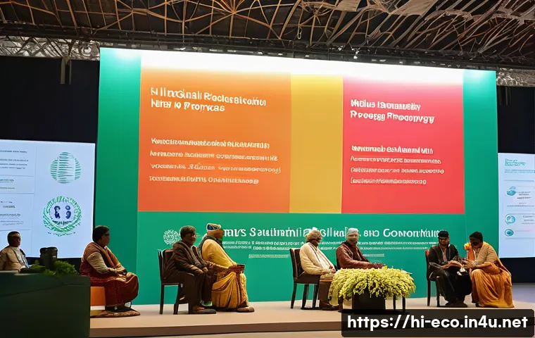 생태학 관련 국제 협약 - A vibrant, detailed scene of an international conference hall where diverse delegates from various c...