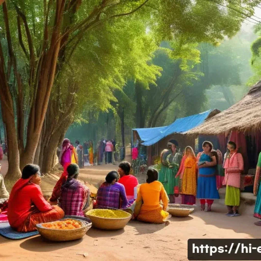 생태관광 개발 - A vibrant rural Indian village scene showcasing active ecotourism: local men and women in traditiona...