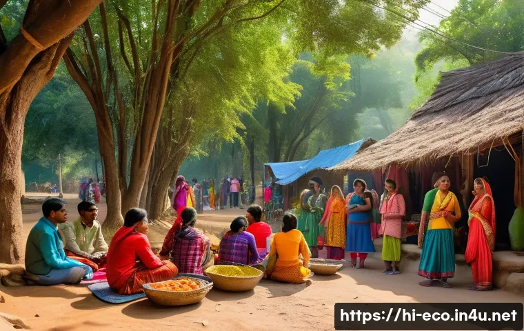 생태관광 개발 - A vibrant rural Indian village scene showcasing active ecotourism: local men and women in traditiona...