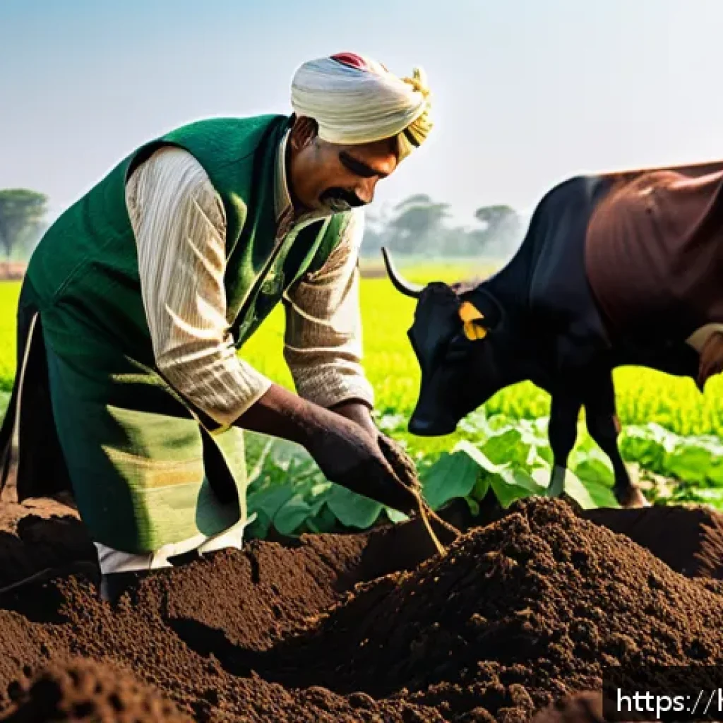기후 변화와 토양 변화 - A vibrant Indian farmer in traditional attire applying organic compost and cow dung manure to a lush...