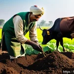 Home 21 기후 변화와 토양 변화 - A vibrant Indian farmer in traditional attire applying organic compost and cow dung manure to a lush...