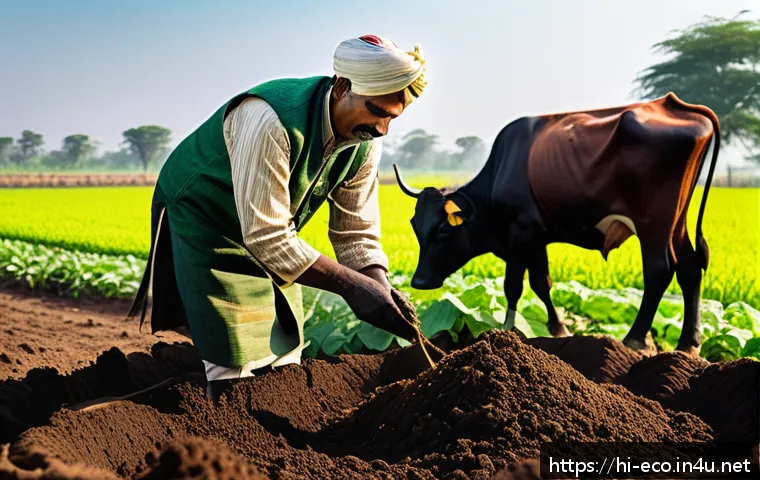 기후 변화와 토양 변화 - A vibrant Indian farmer in traditional attire applying organic compost and cow dung manure to a lush...