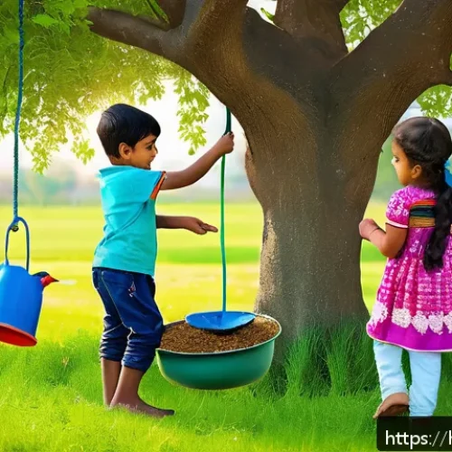 Home 32 환경 감수성 교육 - A diverse group of Indian children in a vibrant park setting, happily planting young trees and water...