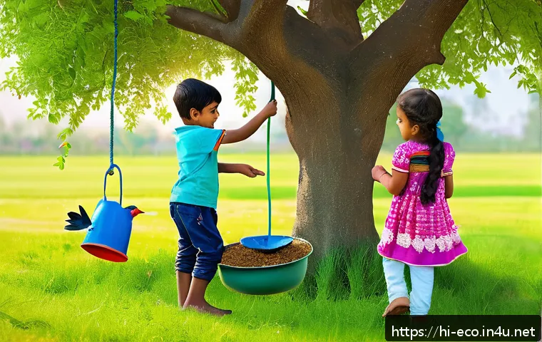 환경 감수성 교육 - A diverse group of Indian children in a vibrant park setting, happily planting young trees and water...