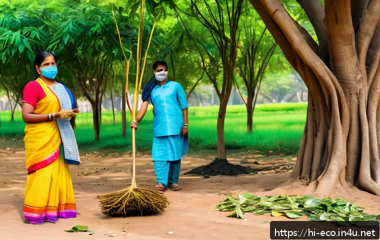 인간과 환경 - A vibrant and detailed scene of a small Indian neighborhood park during a community cleanliness driv...