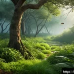Home 18 종간 경쟁 - A vibrant forest scene showing diverse species competing for limited natural resources: small mammal...