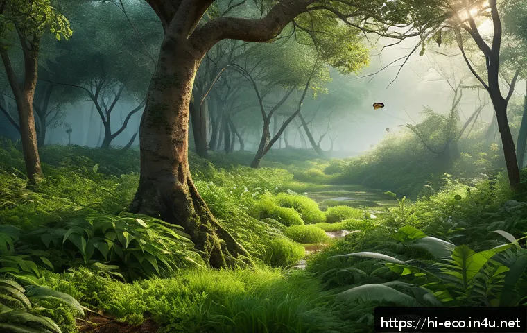 종간 경쟁 - A vibrant forest scene showing diverse species competing for limited natural resources: small mammal...