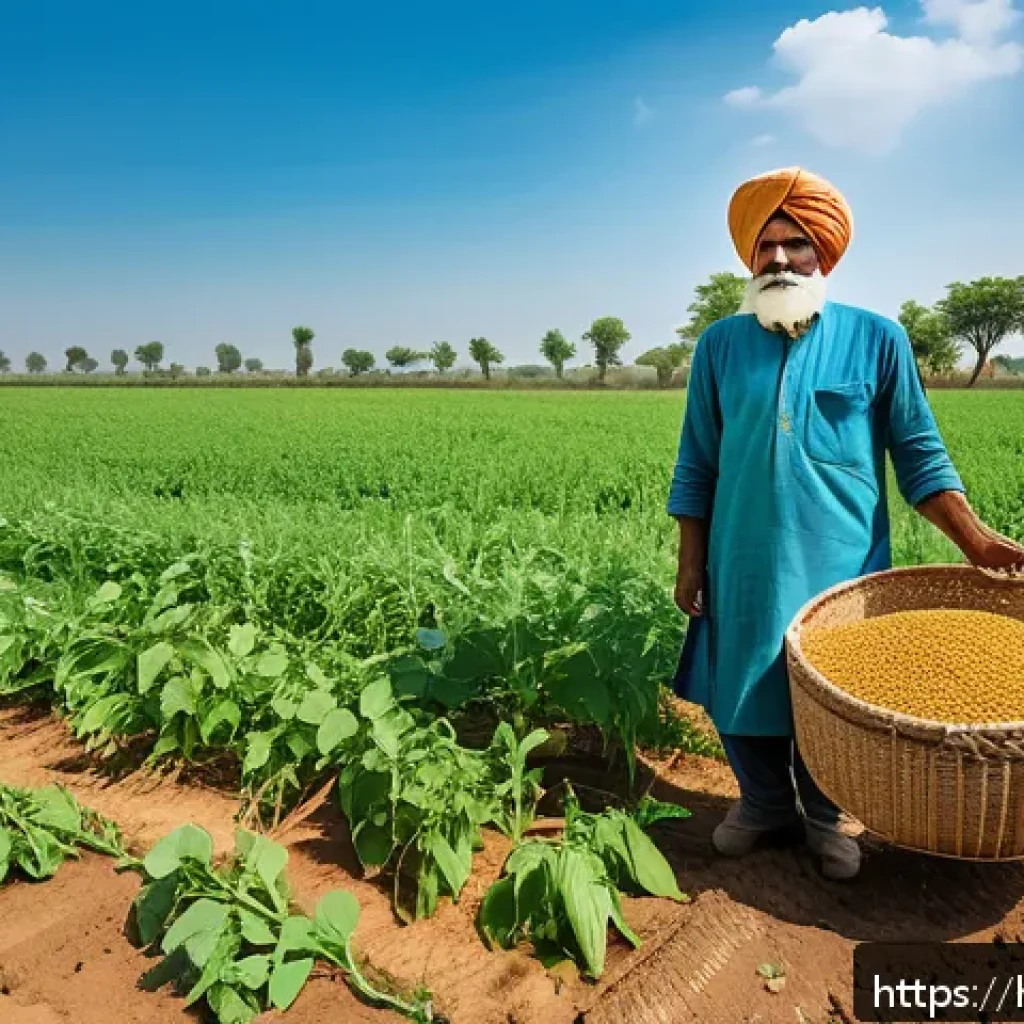 생태적 농업 기술 - A vibrant, detailed scene of an Indian farmer&rsquo;s field practicing crop rotation with diverse crops su...