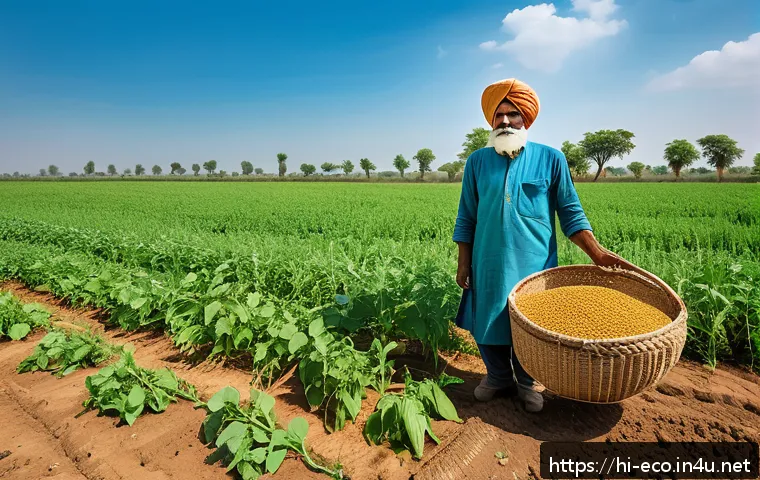 생태적 농업 기술 - A vibrant, detailed scene of an Indian farmer&rsquo;s field practicing crop rotation with diverse crops su...