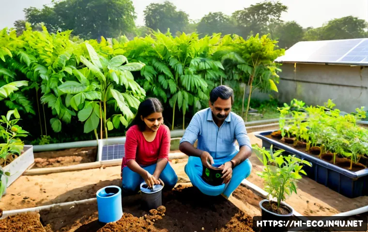 탄소중립과 생태 - Photorealistic wide-angle scene of a modern Indian family planting native saplings in a lush communi...