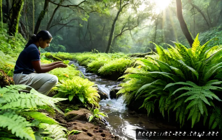Home 17 식물 생태학 - Photorealistic plant ecology field study in a lush Indian forest clearing, botanist’s hands gently e...
